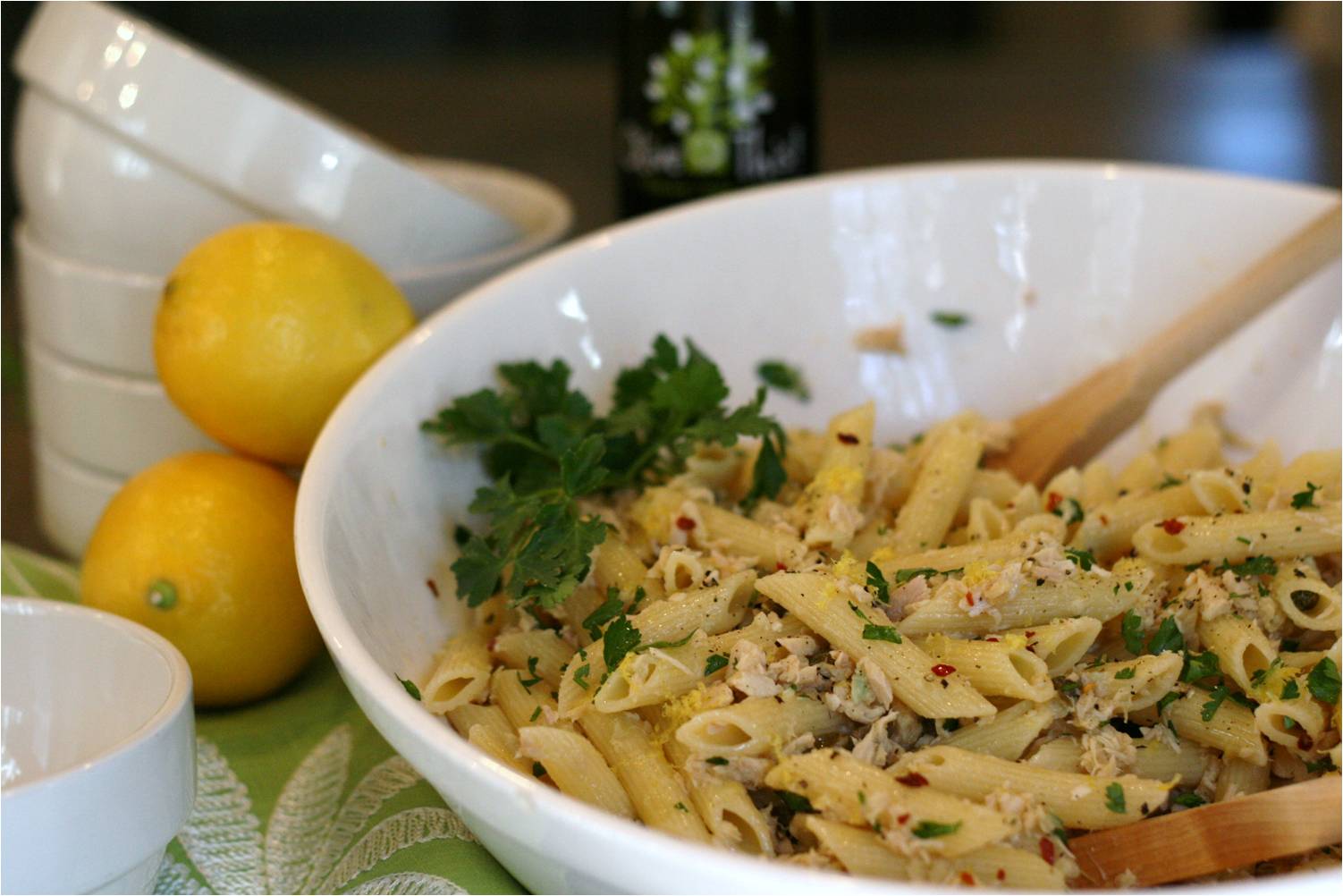 Penne Pasta and Garlic-Lemon Tuna Sauce with Capers and Parsley - Olive  This!