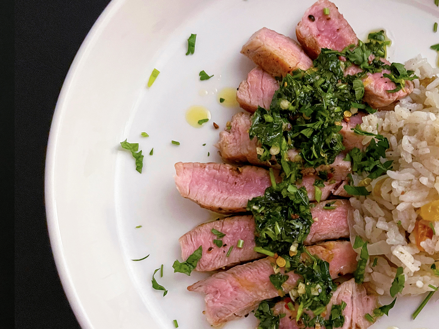 Sautéed Pork Loin with Lemon Mint Chimichurri and Sultana Cardamom ...